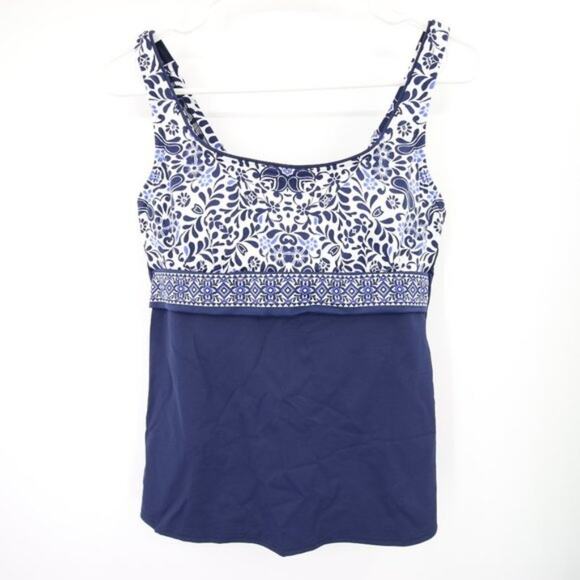 Lands End Navy Blue Pattern Swim Tankini Top Underwire Scoop Neck Size 8 - Picture 1 of 8